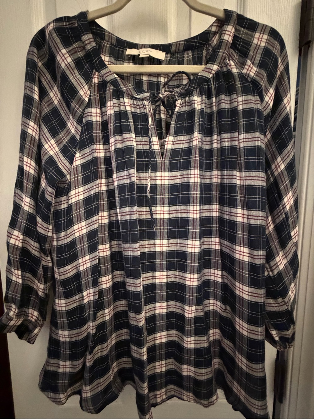 LOFT Navy and White Plaid Tunic with Tie Neck